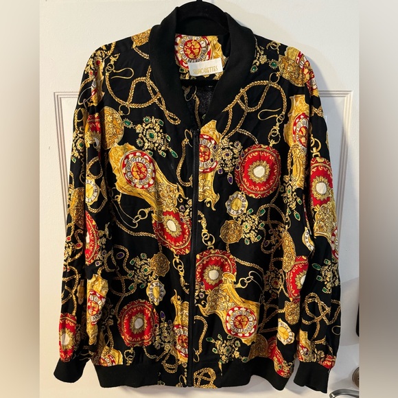 Silhouette Jackets & Blazers - 90s Baroque Black Gold Chain Clock Pattern Versace Style Print Bomber Jacket